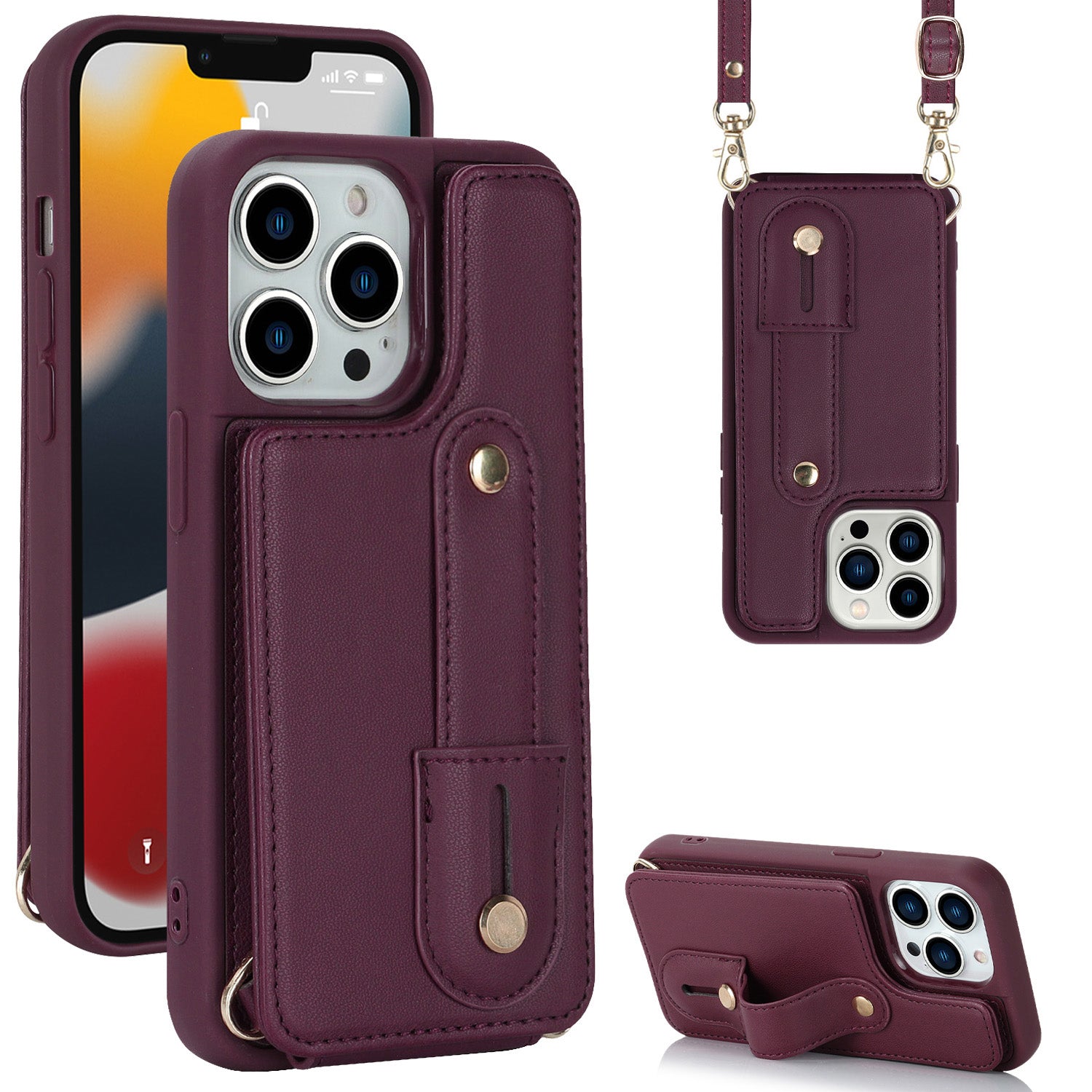 For iPhone 13 Pro Max Card Slots Wristband Kickstand Case PU Leather+TPU Cell Phone Cover For iPhone 13 Pro Max Card Slots Wristband Kickstand Case PU Leather+TPU Cell Phone Cover